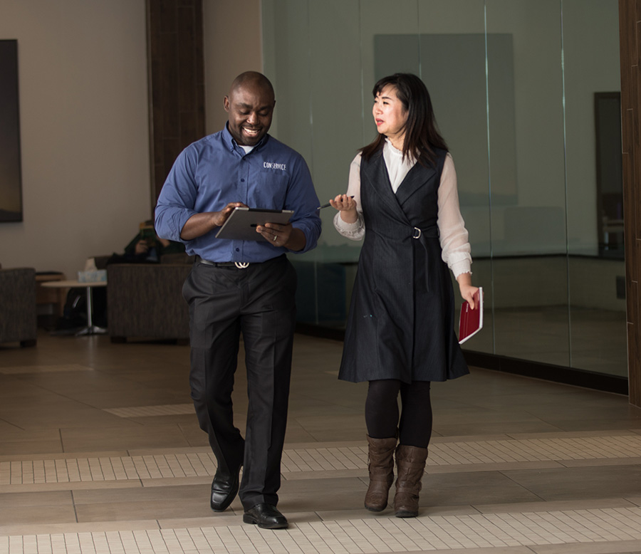 employees walking and in discussion